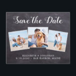 Budget Rustic Chalkboard 3 Foto bespaart datum W<br><div class="desc">Save the date! Maak je huwelijk bekend met vrienden en familie met deze bijtende schouderplaat, een moderne fotocollage, die de datumkaarten bewaart. Deze briefkaarten van de budgettrouwuitnodiging moeten als te grote briefkaarten worden gemaild, zodat kunnen de standaardverzendkosten worden gemaakt, maar zij hebben geen envelop of een retouradreslabel nodig. Pas met...</div>