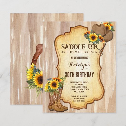 Budget Rustic cowboy boots pet sunflower invitati (Voorkant / Achterkant)