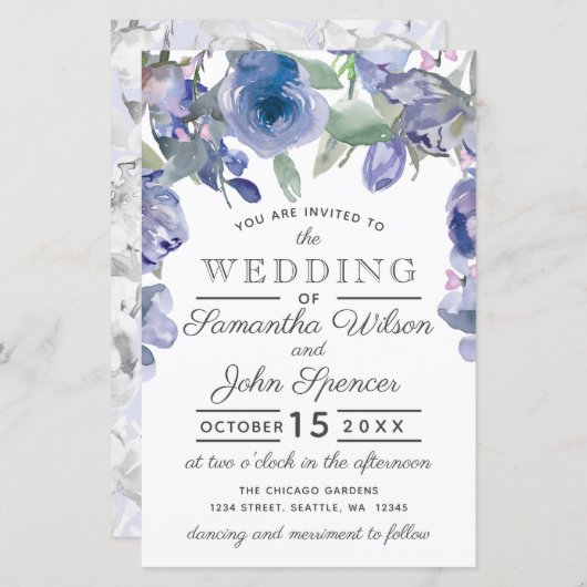 Budget Rustic Dusty Blue Floral Wedding Invitation (Voorkant / Achterkant)