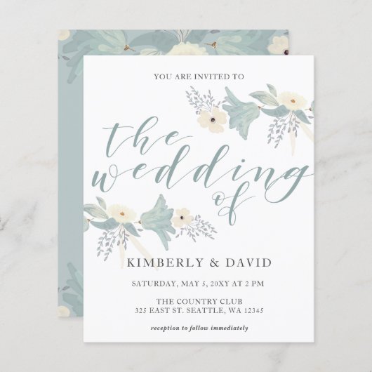 Budget Rustic Dusty Blue Floral Wedding Invitation (Voorkant / Achterkant)