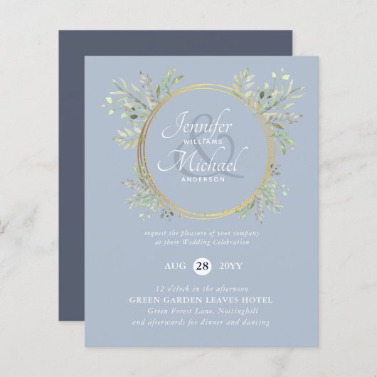 BUDGET Rustic Dusty Blue Floral Wedding Invite (Voorkant / Achterkant)