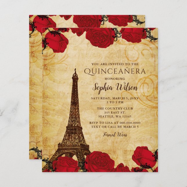 Budget Rustic Eiffel Tower Quinceañera Uitnodiging (Voorkant / Achterkant)
