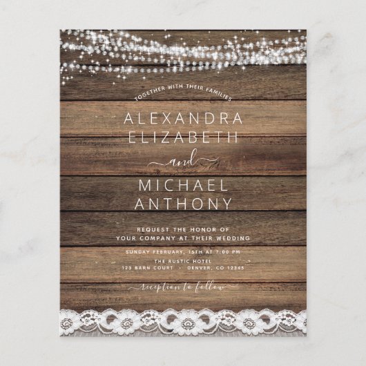 Budget Rustic Farmhouse String Lights Lace Wedding Flyer (Voorkant)