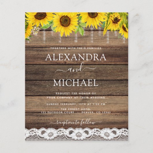 Budget Rustic Farmhouse Sunflower Rustic Wedding Flyer (Voorkant)