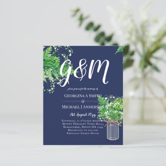 BUDGET Rustic Ferns Greenery Blue Wedding Invite (Staand voorkant)