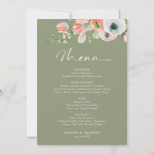 Budget Rustic Floral Sage Green Wedding Menu Card Kaart (Voorkant)