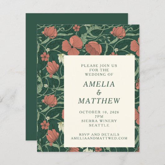 Budget Rustic Flowers Green Wedding Invite (Voorkant / Achterkant)
