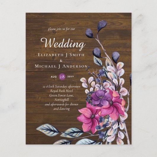BUDGET Rustic Fuchsia Floral Woodland Wedding Flyer (Voorkant)