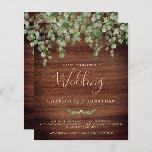 Budget Rustic Greenery QR Code Wedding Uitnodiging (Voorkant / Achterkant)