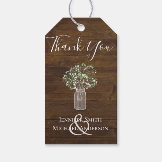 Budget Rustic Gypsophila Mason Jar Wedding Cadeaulabel (Voorkant)