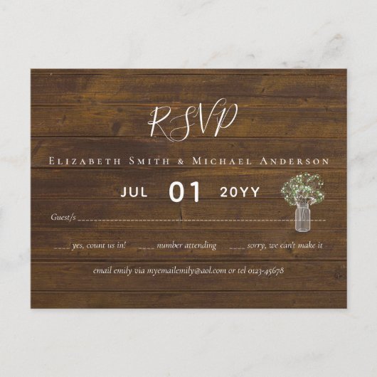 Budget Rustic Gypsophila Mason Jar Wedding RSVP Briefkaart (Voorkant)