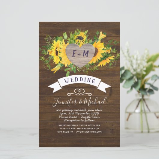 BUDGET Rustic Heart PHOTO Sunflower Wedding Invite (Staand voorkant)