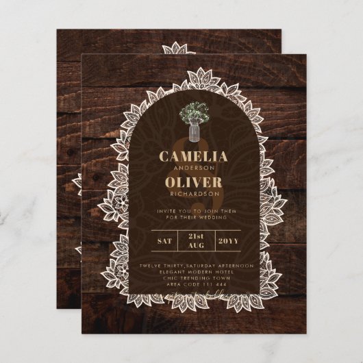 Budget Rustic Lace MasonJar Gypsophila Wedding INV (Voorkant / Achterkant)