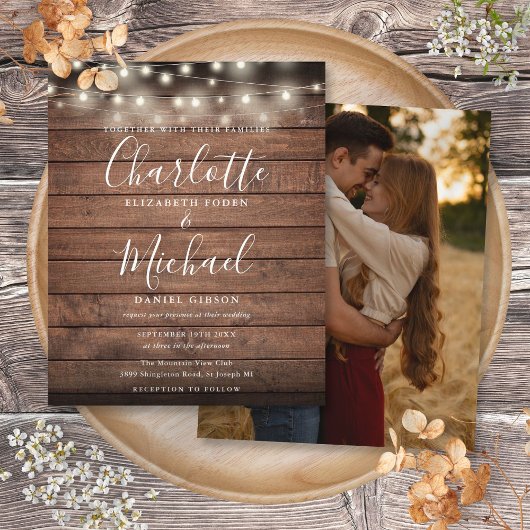 Budget Rustic Lights Foto Huwelijksuitnodiging