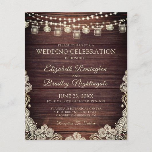 Budget Rustic Lights Jars Lace Wedding Invitation (Voorkant)