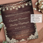 Budget Rustic Lights Jars Lace Wedding Invitation<br><div class="desc">Uitnodigingen voor een trouwe bruiloft, gedrukt op lichtgewicht papier, ideaal voor conservatieve budgetten en voor handmatige levering aan gasten. Prachtig landhout met gloedlampen, lantaarns en moeraspotten accentueren met kant in een roomkleurige ivoor. Alle tekst kan worden bewerkt om de tekst aan uw wensen aan te passen. Neem contact op met...</div>