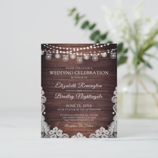 Budget Rustic Lights Jars Lace Wedding Invitation (Staand voorkant)