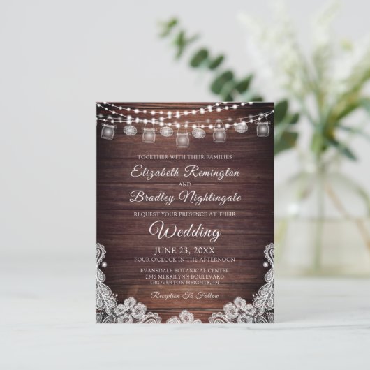 Budget Rustic Lights Jars Lace Wedding Invitation (Staand voorkant)