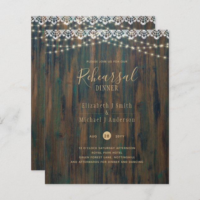 BUDGET RUSTIC LIGHTS LACE REHEARSAL DINNER Invite (Voorkant / Achterkant)