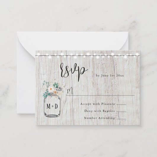 Budget Rustic Lights Mason Jar Wedding RSVP Kaart Notitiekaartje (Voorkant)