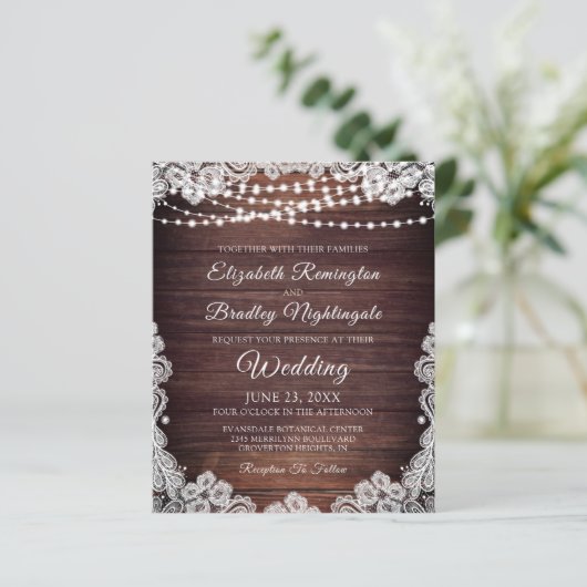Budget Rustic Lights White Lace Wedding Invitation (Staand voorkant)