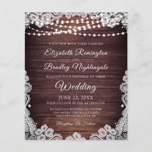 Budget Rustic Lights White Lace Wedding Invitation (Voorkant)