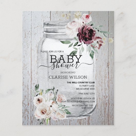 BUDGET Rustic Mason Jar Baby shower Uitnodiging (Voorkant)