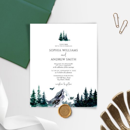 Budget Rustic Mountain Forest bruiloft uitnodiging