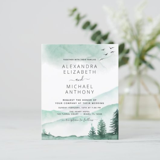 Budget Rustic Mountains Forest Wedding Invitation (Staand voorkant)