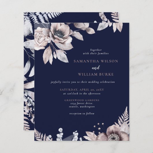 Budget Rustic Navy Floral Wedding Invitation (Voorkant / Achterkant)