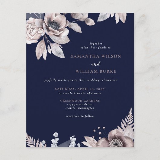 Budget Rustic Navy Floral Wedding Invitation (Voorkant)