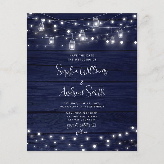 Budget Rustic Navy Wood Mason Jars SAVE the DATE (Voorkant)