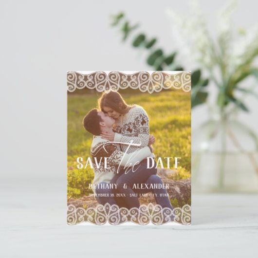 Budget Rustic Photo Lace Effect Whimsical Script (Staand voorkant)