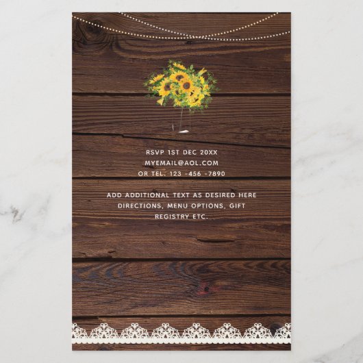 Budget Rustic Photo Sunflower Wedding nodigt A9 ui (Achterkant)