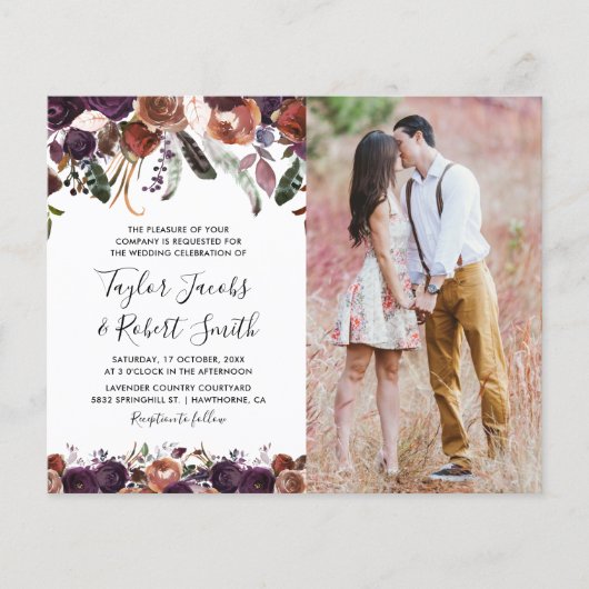 Budget Rustic Plum Floral Photo Wedding Invitation (Voorkant)