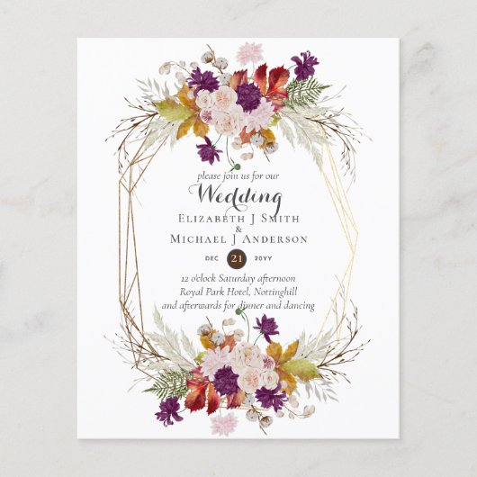 Budget Rustic Plum Floral Wedding Herfst nodigt ui (Voorkant)