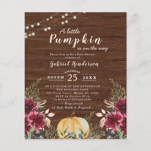 Budget Rustic Pumpkin Baby shower Light Invitation (Voorkant)