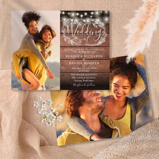 Budget Rustic String Lights 2 Photo Wedding Invite