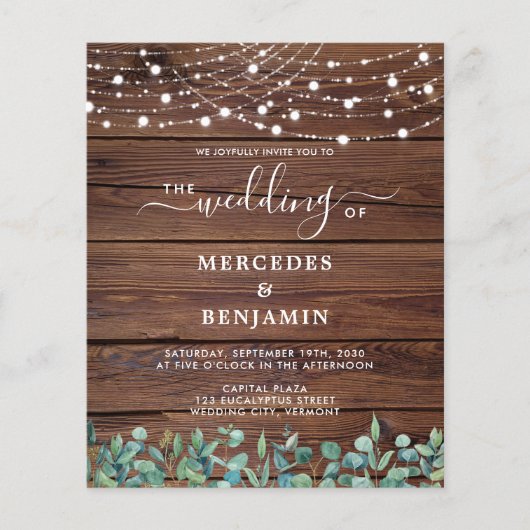 Budget Rustic String Lights Eucalyptus Wedding Inv (Voorkant)