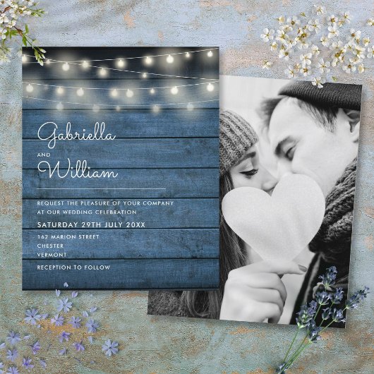 Budget Rustic String Lights Photo Wedding Invite
