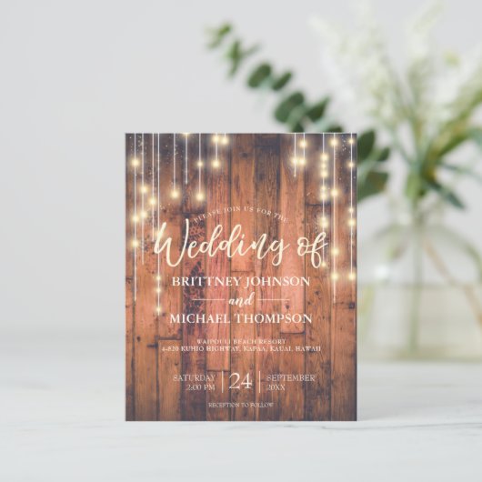 Budget Rustic String Lights Woo Wedding Uitnodigin (Staand voorkant)