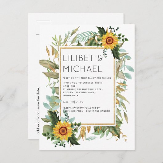 Budget Rustic Sunflower BOHO Greenery Wedding Inv Briefkaart (Voorkant / Achterkant)