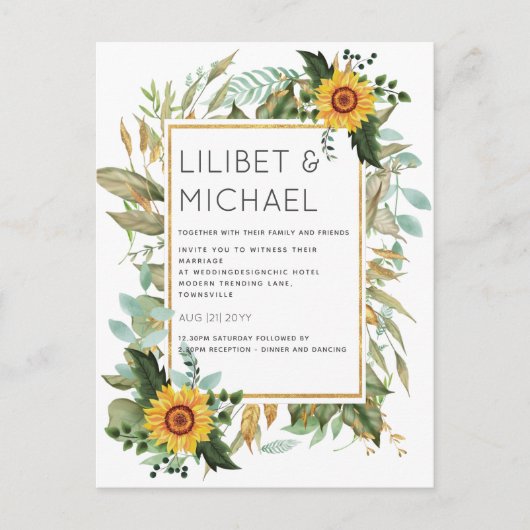 Budget Rustic Sunflower BOHO Greenery Wedding Inv Briefkaart (Voorkant)