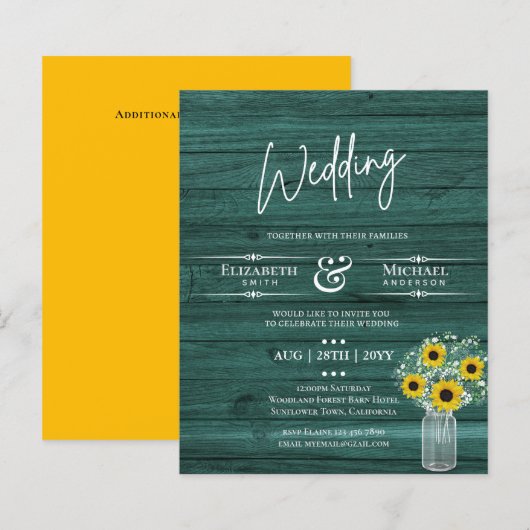 BUDGET Rustic Sunflower Green Yello Wedding Invite (Voorkant / Achterkant)