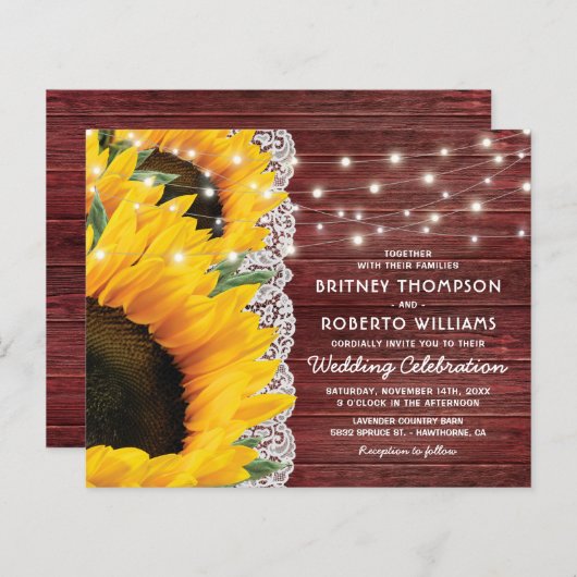 Budget Rustic Sunflower Lace Wedding Uitnodiging (Voorkant / Achterkant)