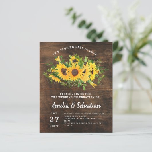 BUDGET Rustic Sunflower Wedding Uitnodiging (Staand voorkant)