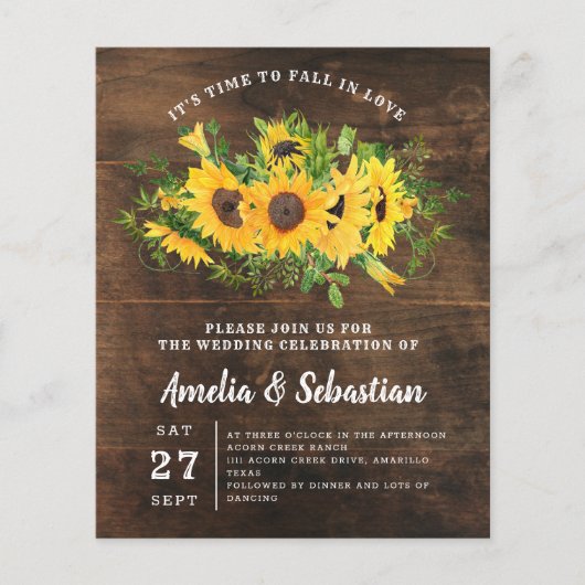 BUDGET Rustic Sunflower Wedding Uitnodiging (Voorkant)