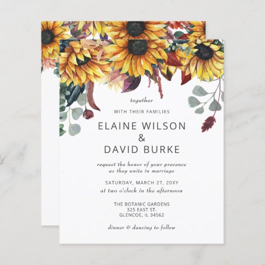 Budget Rustic Sunflower Wedding Uitnodiging (Voorkant / Achterkant)