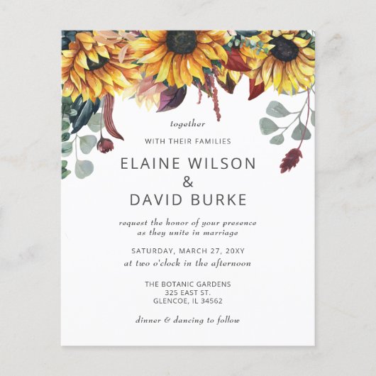 Budget Rustic Sunflower Wedding Uitnodiging (Voorkant)