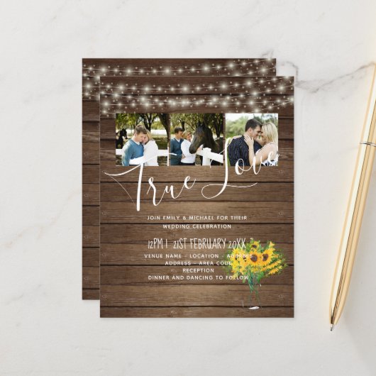BUDGET Rustic Sunflower Woodland Wedding Invite (Voorkant / Achterkant in situ)